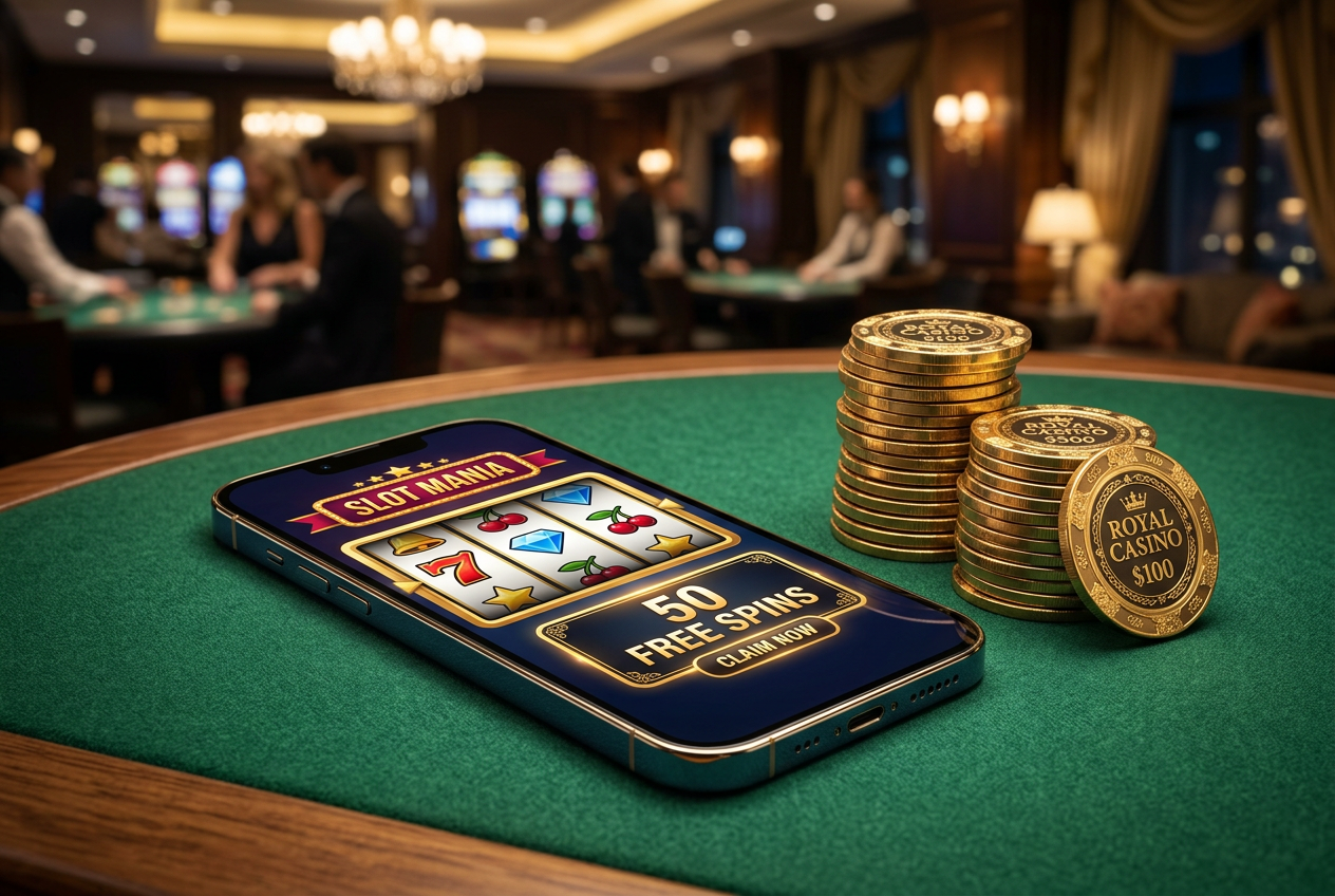 A smartphone displaying a free spins bonus next to casino chips.