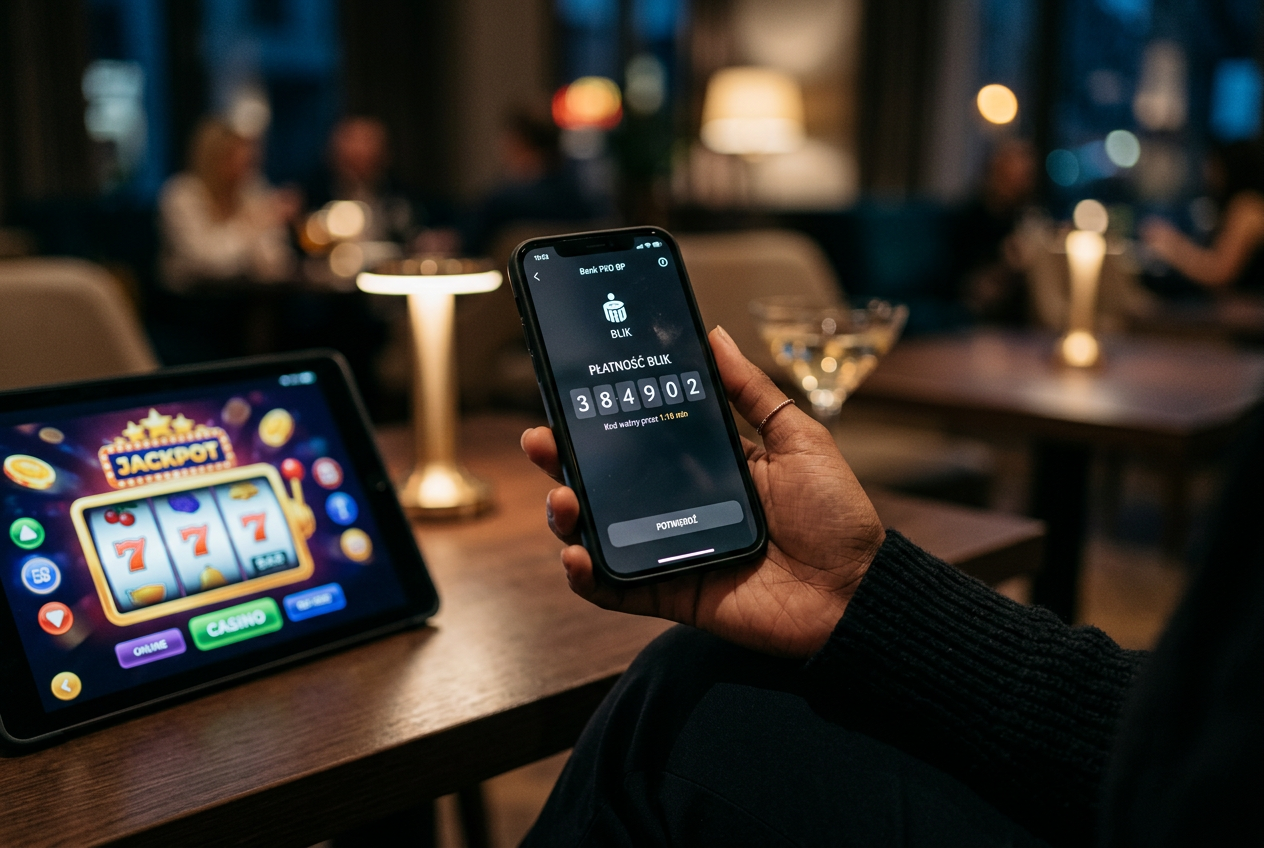 Zbliżenie na dłoń trzymającą smartfon z wygenerowanym kodem BLIK do płatności w kasynie.